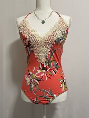 Coral Floral Lace-Trim One-Piece Swimsuit